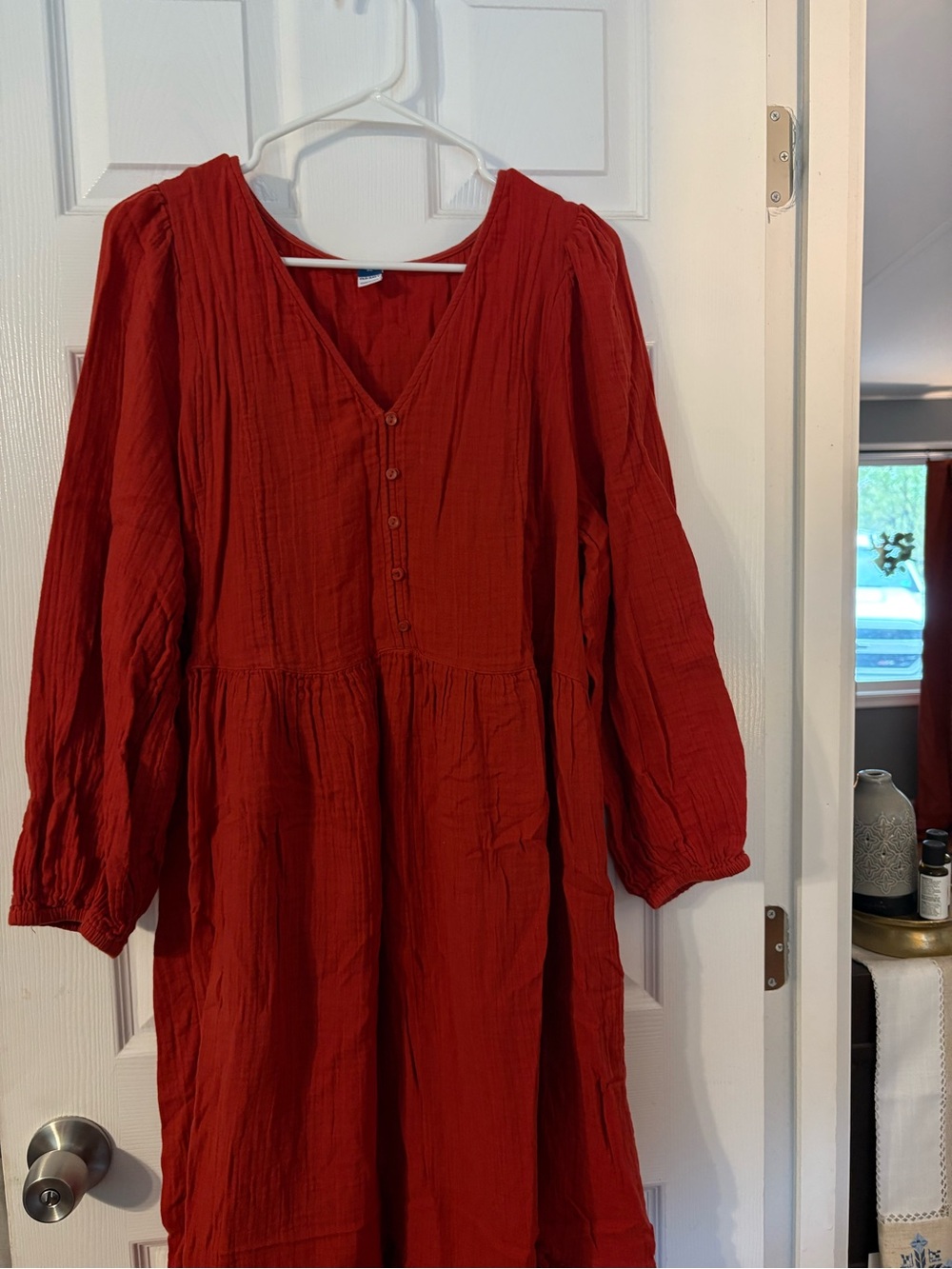 Coral Long Sleeve V-Neck Tiered Cotton Dress
